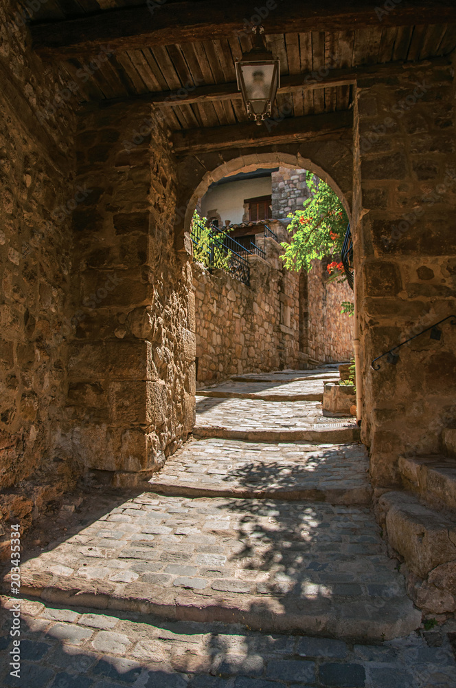 Close-up of stone staircase and arch in an alleyway, at the gorgeous medieval hamlet of Les Arcs-sur-Argens, near Draguignan. Located in the Provence region, Var department, southeastern France