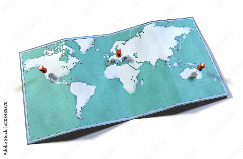 Cartina mondo, disegnata illustrata pennellate, cartina geografica, fisica.  Segnaposto sulla mappa Stock Illustration
