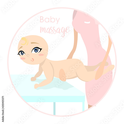 Baby massage for children. Flat isolated vector illustration. Logo. The girl lies on the table.