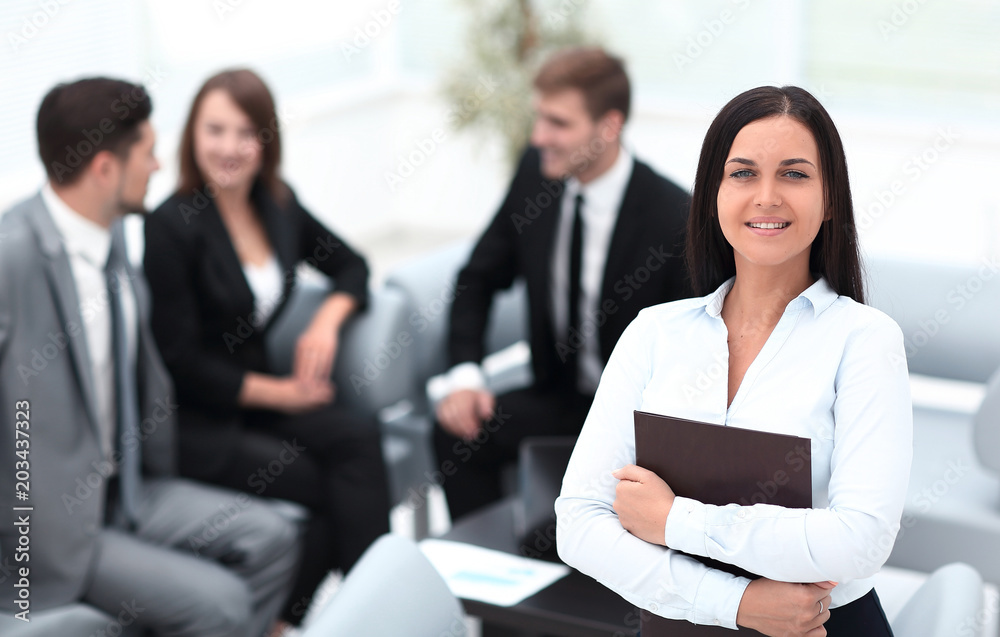 smiling female assistant with documents smiling female assistant with documents