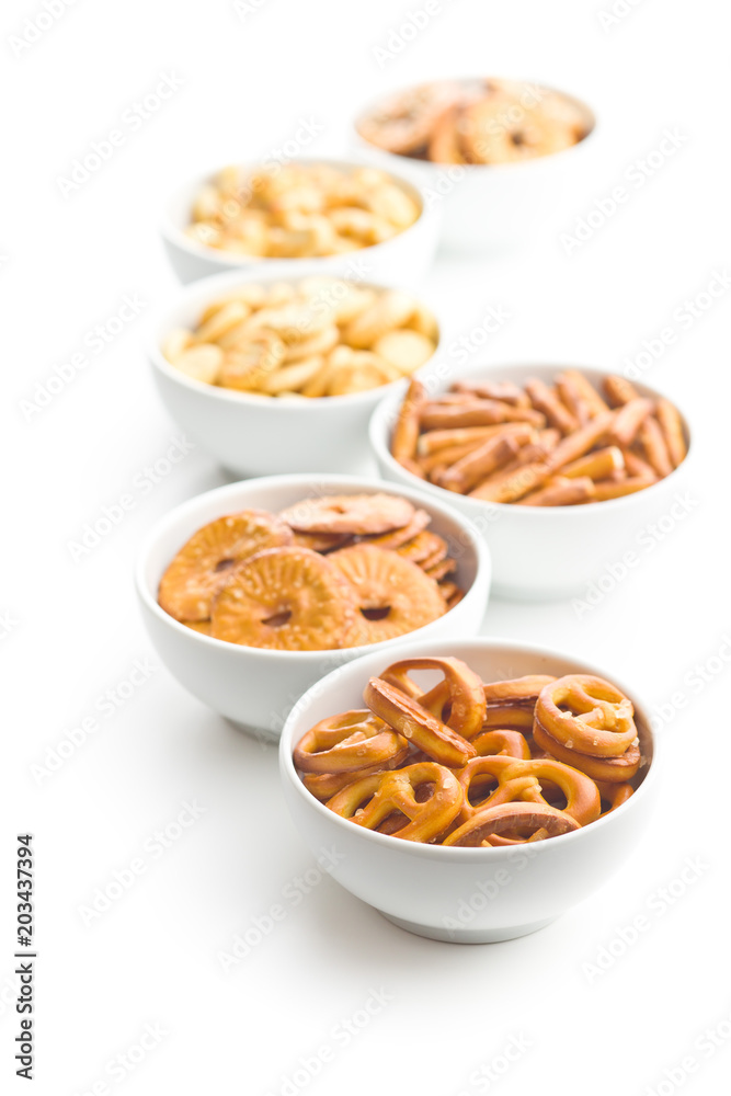 Mixed salty snack crackers and pretzels. Mixed salty snack crackers and pretzels.