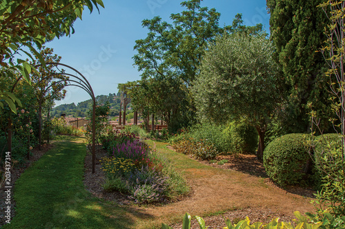 Принти на полотні View of pleasant garden in the morning sun with blue sky, in the calm and charming village of Figanieres