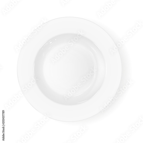 Vector white realistic deep dish. View from above. Layout of a white plate for soup, kitchen accessories, dishes. Isolated on white plate. Layout for the menu of restaurants, cafes. Vector EPS 10.