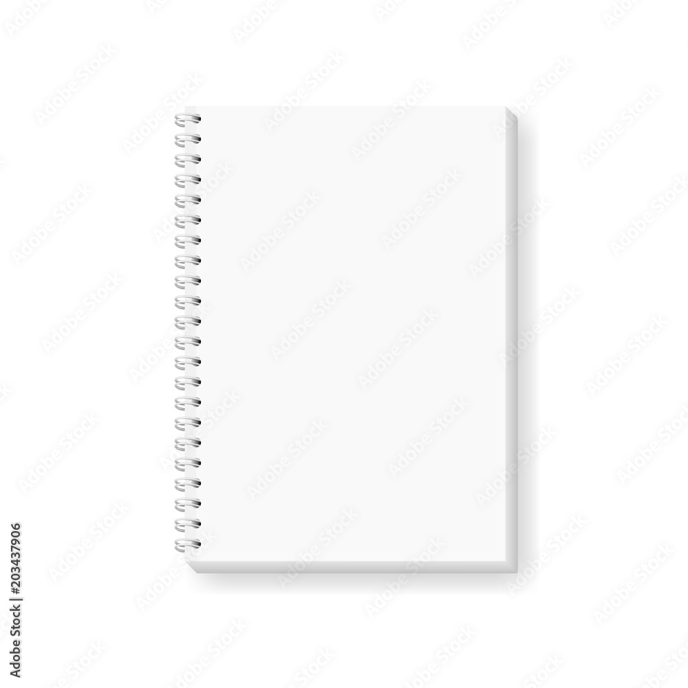 Vector realistic image of a notebook, top view. Size 21 cm. x 14.8 cm., A5. White sheets of paper, fastened with a white spiral. Isolated on white, 3d. Notepad layout (mockup). Vector EPS 10. Vector realistic image of a notebook, top view. Size 21 cm. x 14.8 cm., A5. White sheets of paper, fastened with a white spiral. Isolated on white, 3d. Notepad layout (mockup). Vector EPS 10.