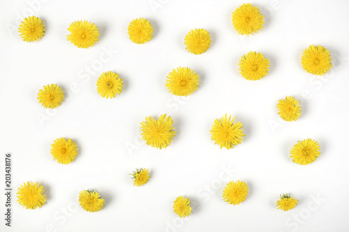 Fototapeta Naklejka Na Ścianę i Meble -  Floral pattern made of yellow dandelion flowers  isolated on white background. Flat lay. Top view.
