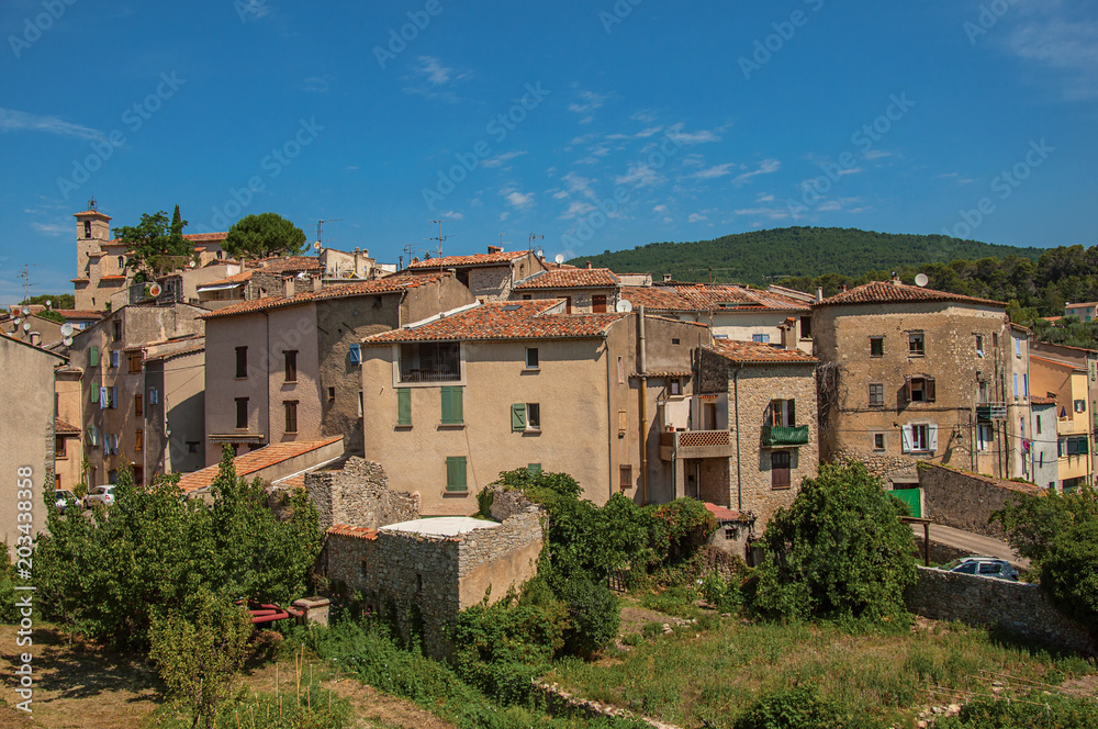 Panoramic view of the houses at the quiet and charming village of Figanieres, on a hot and sunny summer day. Located in the Var department, Provence region, southeastern France