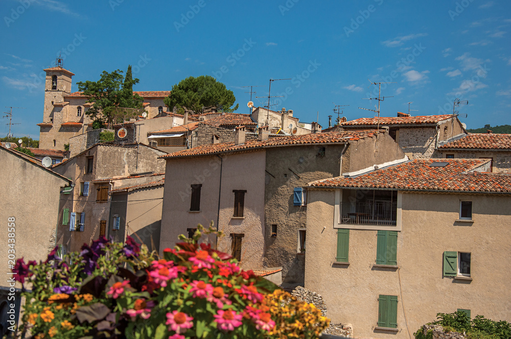 Panoramic view of the houses at the quiet and charming village of Figanieres, on a hot and sunny summer day. Located in the Var department, Provence region, southeastern France