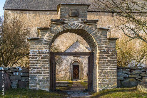 Oland  Sweden. Limestone portal to the Kalla old church from the 12th century. Kalla old church is part of the cultural heritage and was in use up until 1888. Now a historical travel destination.
