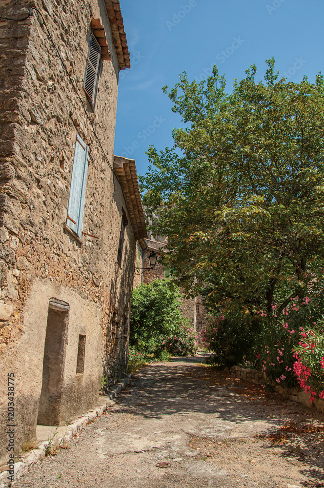 Alley view with houses and trees in Chateaudouble, a quiet and tourist village with medieval origin on a sunny summer day. Located in the Var department, Provence region, southeastern France