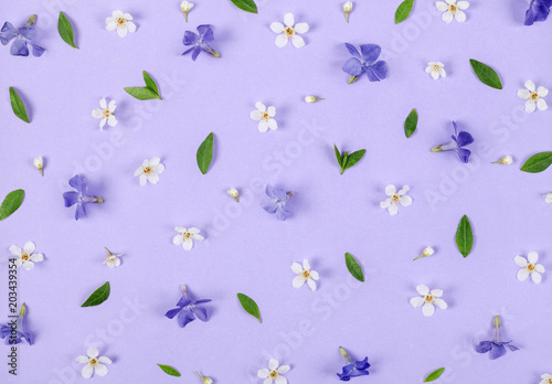 Floral pattern made of spring white and violet flowers, green leaves and buds on pastel lilac background. Flat lay. Top view.