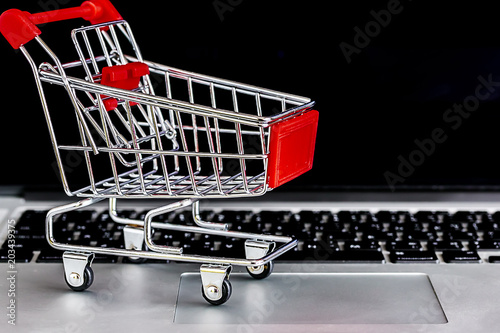 Shopping trolley on computer notebook with copay space