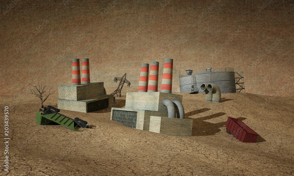 3d illustration. Dying industry. Old factories, oil storages, wagons