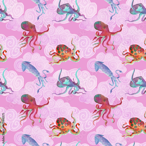 Seamless background with octopuses