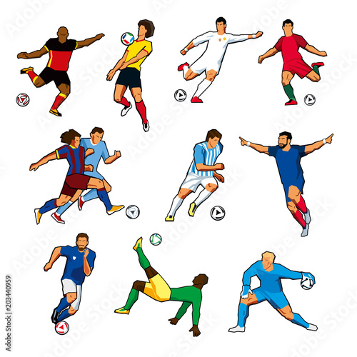 Figures of different football players of different football teams. Color vector graphics. Isolated. Stylized illustrations in the style of graffiti