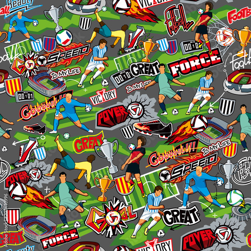 Seamless color pattern on a football theme on a gray background. Football attributes, football players of different teams, balls, stadiums. The style of graffiti. Vector graphics