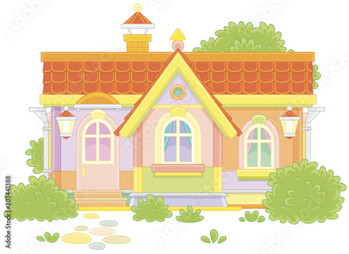 Colorful country house with bushes, vector illustration in a cartoon style