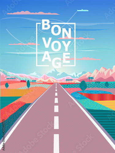 Summer travel road trip, mountain, sky airplane, paradise, rural landscape painting vector pop art wallpaper, "bon voyage", t shirt print nature abstract