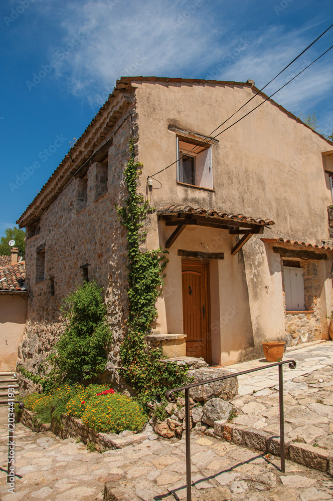 Alley view with building and flowers in Chateaudouble, a quiet and tourist village with medieval origin on a sunny summer day. Located in the Var department, Provence region, southeastern France
