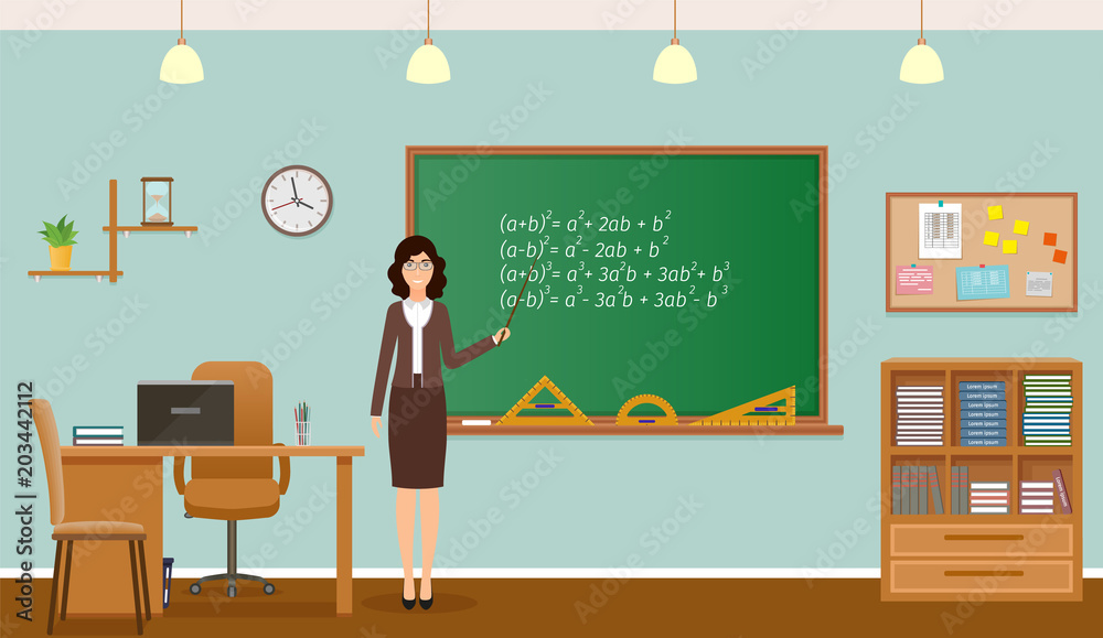 School classroom with chalkboard, clock and teacher's desk. TEacher staing in class room interior. School classroom with chalkboard, clock and teacher's desk. TEacher staing in class room interior.