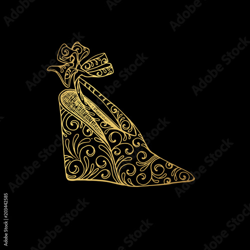 Lady hogh heels or woman T-strap, girl shoes. Golden female boot with zentangle style pattern, women clothing ornamental accessory. Glamor and shopping art, hand drawn boutique theme for coloring book photo