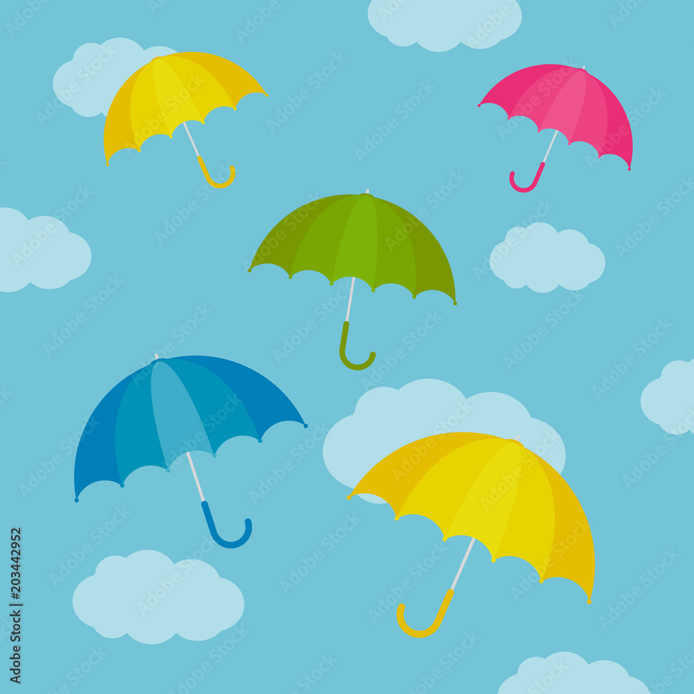 Vector Illustration. Umbrella colorful set with clouds. Umbrella in cartoon style for background and design. Autumn umbrella