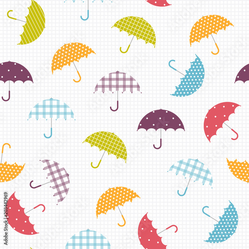Vector Illustration. Colorful umbrella pattern witn decorative elements. Umbrellas  seamless background. Umbrella in cartoon style for background and design. Autumn parasols on cell wall