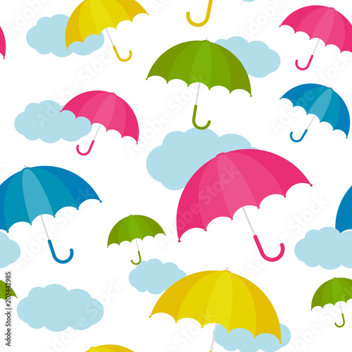 Vector Illustration. Umbrella colorful set pattern with clouds . Umbrella in cartoon style for background and design. Autumn umbrella