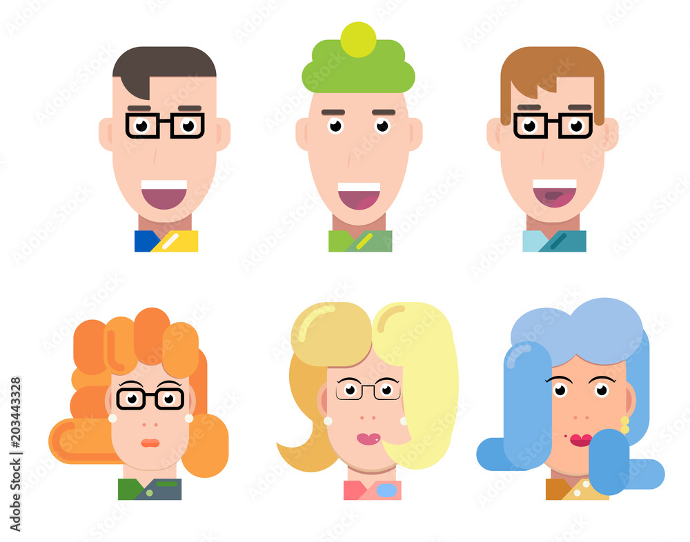 Flat vector characters portrait set. Vector avatars. Smiling happy people. Happy emotions. Vector portraits.