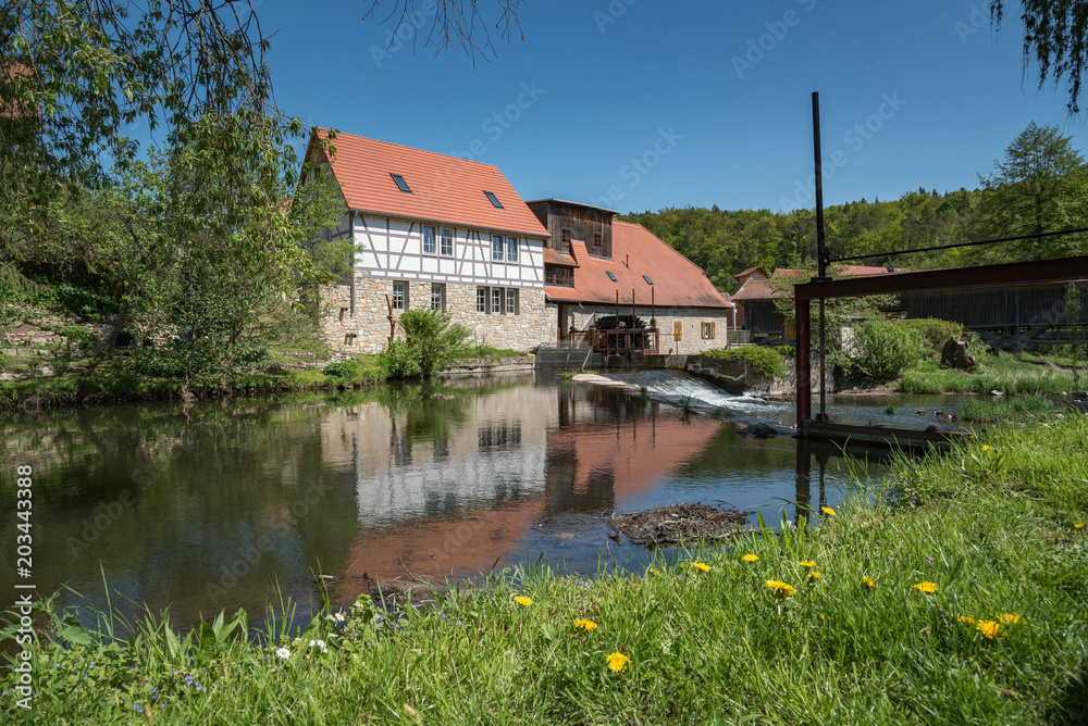 Fototapeta premium Historische Mühle spiegelt sich im Fluss Ilm