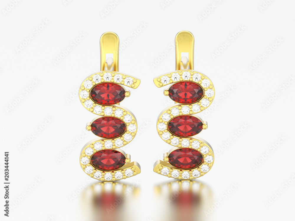 3D illustration gold red ruby earrings with hinged lock