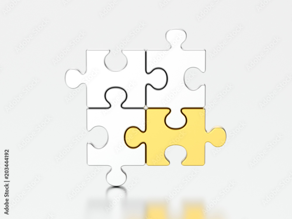 3D illustration group of gold and silver puzzles 3D illustration group of gold and silver puzzles