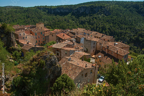 Panoramic view of houses and roofs of the village of Chateaudouble, a quiet and tourist village with medieval origin on a sunny day. Located in the Var department, Provence region, southeastern France
