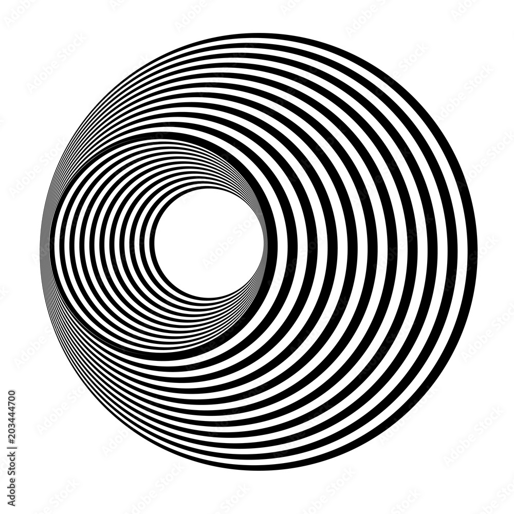 Abstract black and white striped round object. Geometric pattern with visual distortion effect. Illusion of rotation. Op art. Isolated on white background. Abstract black and white striped round object. Geometric pattern with visual distortion effect. Illusion of rotation. Op art. Isolated on white background.