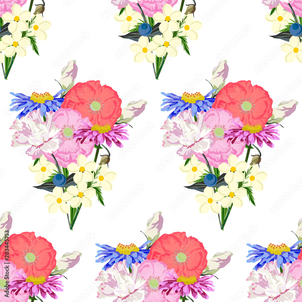 Seamless pattern with cute garden flowers. Flower background for textile, cover, wallpaper, gift packaging, printing.Romantic design for calico, silk.