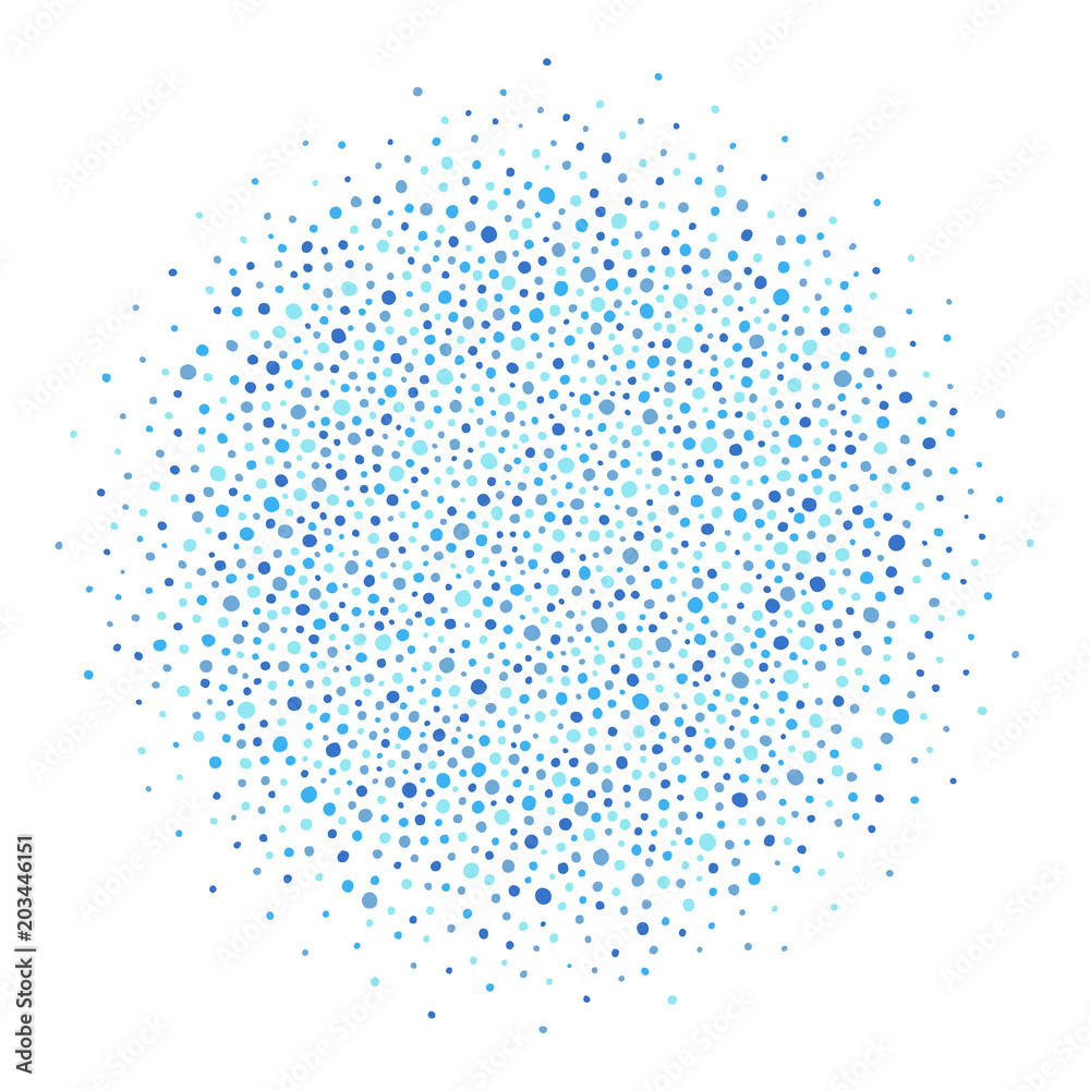 Round shape, circle, sphere made of uneven dots of various size, blobs, spots, specks, flecks, splashes. Template for borders, frames, design element. Shades of blue abstract background, texture.
