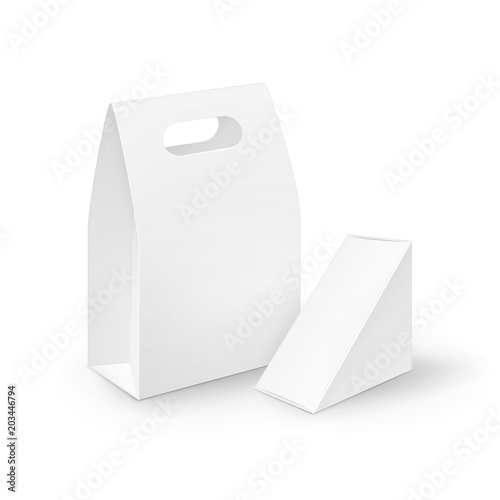 Vector Set of White Blank Cardboard Rectangle Triangle Take Away Handle Lunch Boxes Packaging For Sandwich, Food, Gift, Other Products Mock up Close up Isolated on White Background