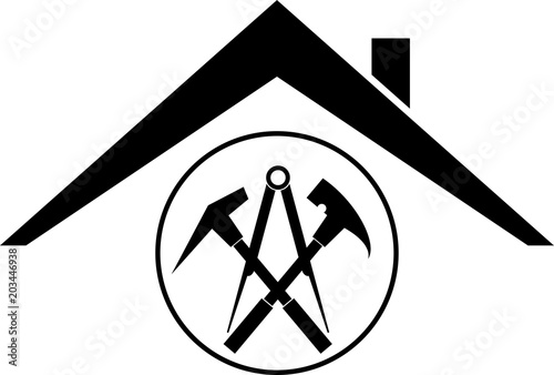 Werkzeuge und Dach, Aufkleber, Label, Dachdecker Logo