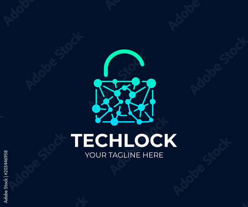 Padlock and network chain logo template. Open lock and circuit vector design. Cyber security logotype