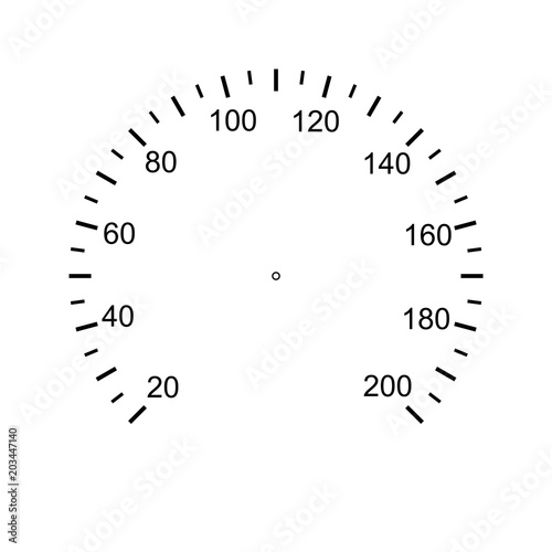 Speedometer face. Measuring circle scale. Measuring round scale, Level indicator, measurement acceleration, circular meter, round meter for household appliances division from 20 to 200. Vector AI10