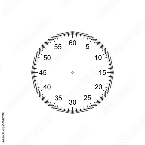 Measuring circle scale. Stopwatch dial. Measuring round scale, Level indicator, measurement acceleration, circular meter, round meter. 12 large divisions, 60 medium, 300 small. Vector AI10