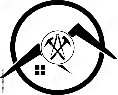 Zwei Dächer und Werkzeuge, Aufkleber, Label, Dachdecker Logo