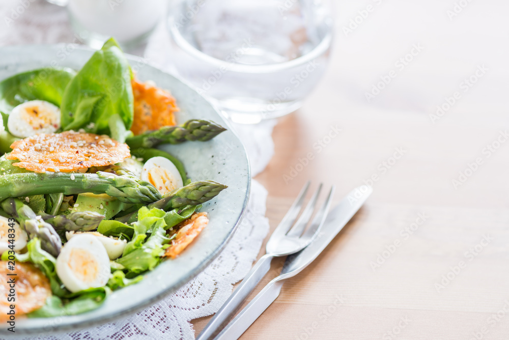 Asparagus Salad with quails eggs and cheese crisps Asparagus Salad with quails eggs and cheese crisps