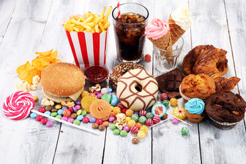 Unhealthy products. food bad for figure, skin, heart and teeth.