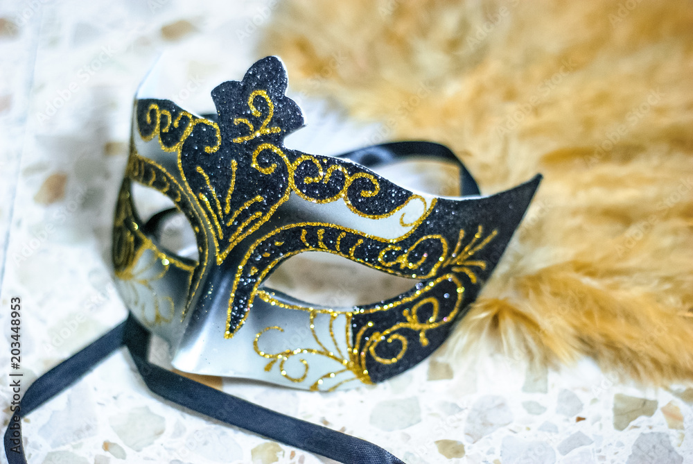 Artifical Carnival Mask in black and white with golden ornaments. Carnival  in Santa Cruz de Tenerife, Canary Islands. Stock Photo | Adobe Stock