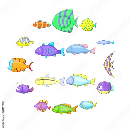 Different fish icons set. Cartoon illustration of 16 different fish vector icons for web