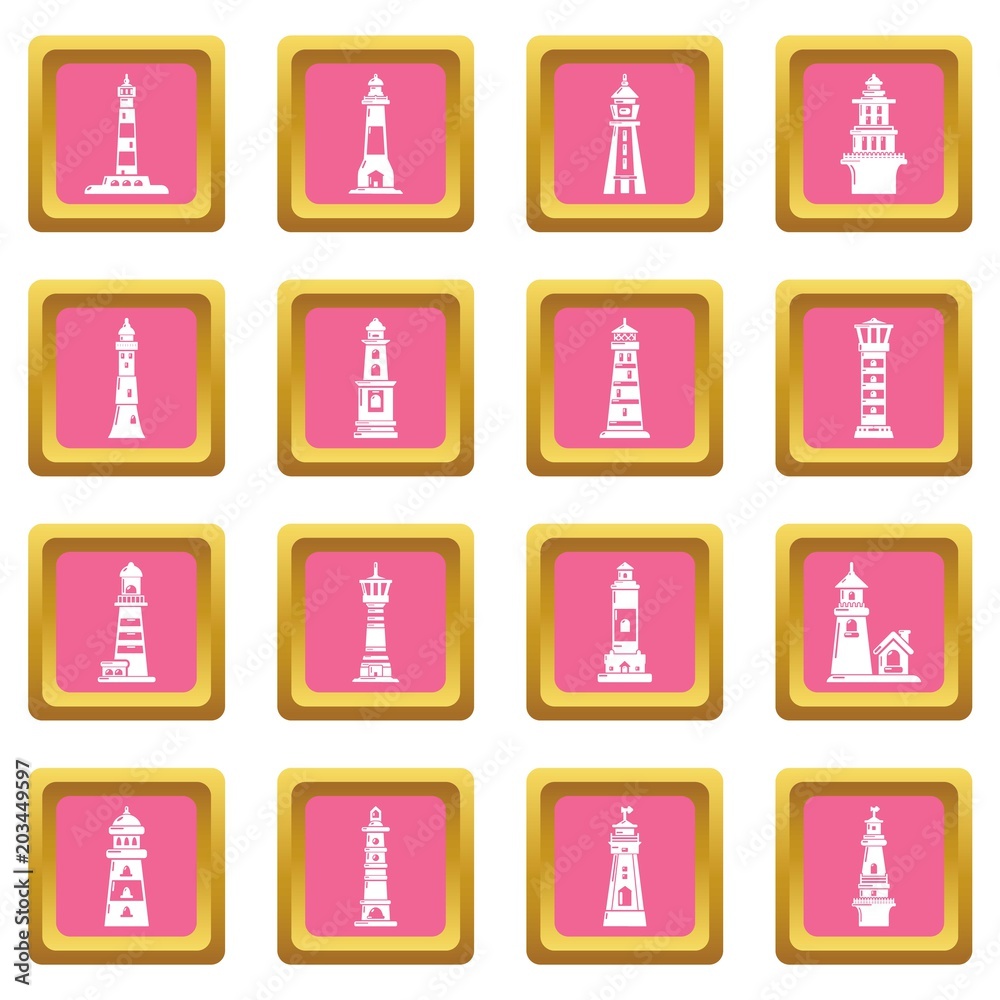 Lighthouse icons set vector pink square isolated on white background Lighthouse icons set vector pink square isolated on white background