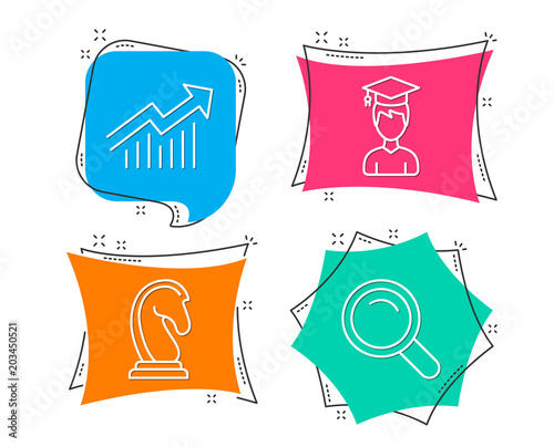 Set of Student, Marketing strategy and Demand curve icons. Search sign. Graduation cap, Chess knight, Statistical report. Magnifying glass.  Flat geometric colored tags. Vivid banners. Vector