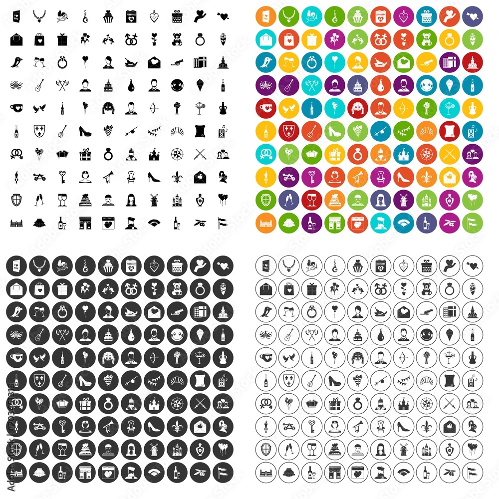 100 valentine day icons set vector in 4 variant for any web design isolated on white