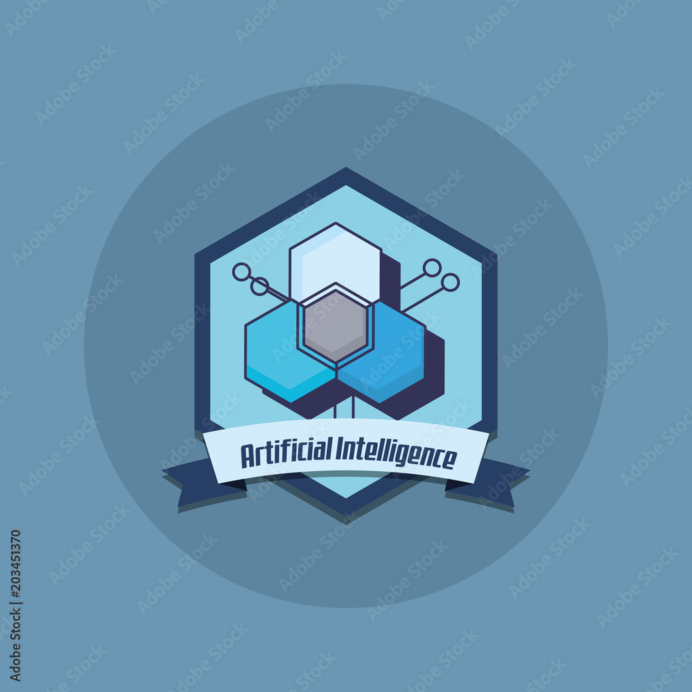 Emblem of artificial intelligence with chip icon over blue background, colorful design. vector illustration Emblem of artificial intelligence with chip icon over blue background, colorful design. vector illustration