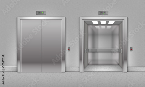 Vector Realistic Open and Closed Chrome Metal Office Building Elevator Doors Isolated on Background